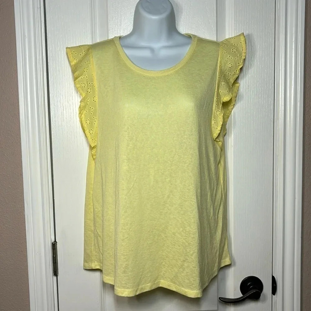 Love Fire Womens Yellow Flutter Eyelet Sleeve Knit Top Large SMT037468